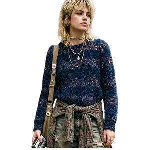 Fuzzy Stripe Confetti Galaxy Knit Navy 90s Grunge Revival Sweater Size Small